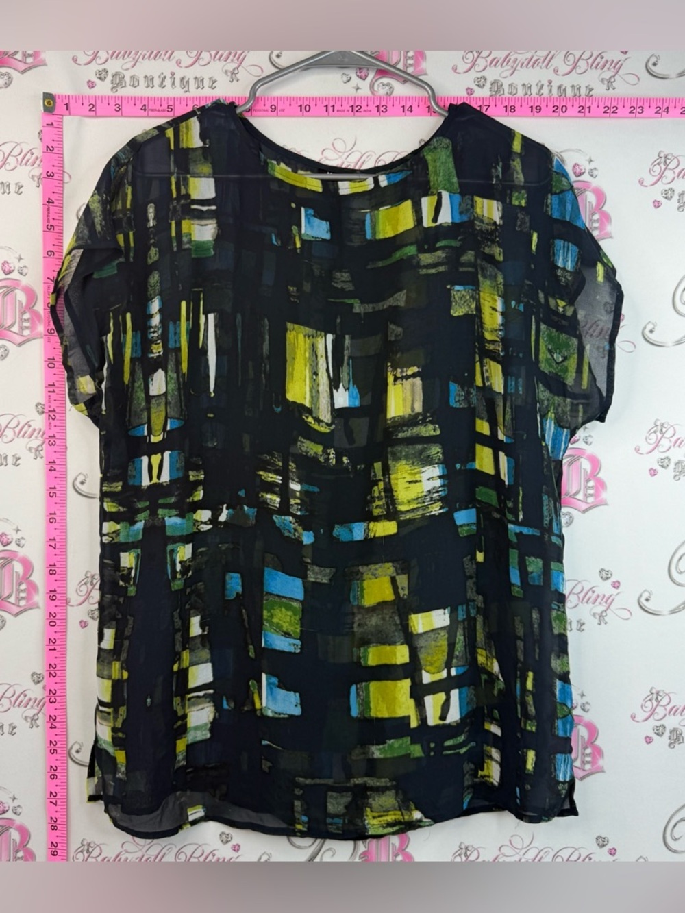 Mexx T-shirt Sheer Abstract Short Sleeve Top with Green & Blue Blocks